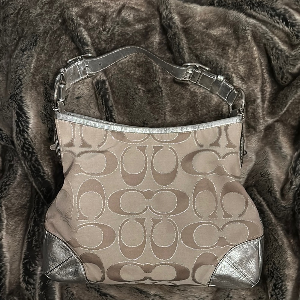 Vintage Coach Silver and Tan Shoulder Bag with Signature Monogram EUC